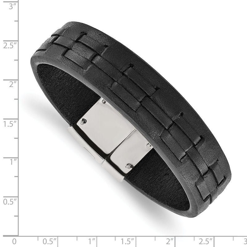 Stainless Steel Polished Black Leather 8 inch Bracelet