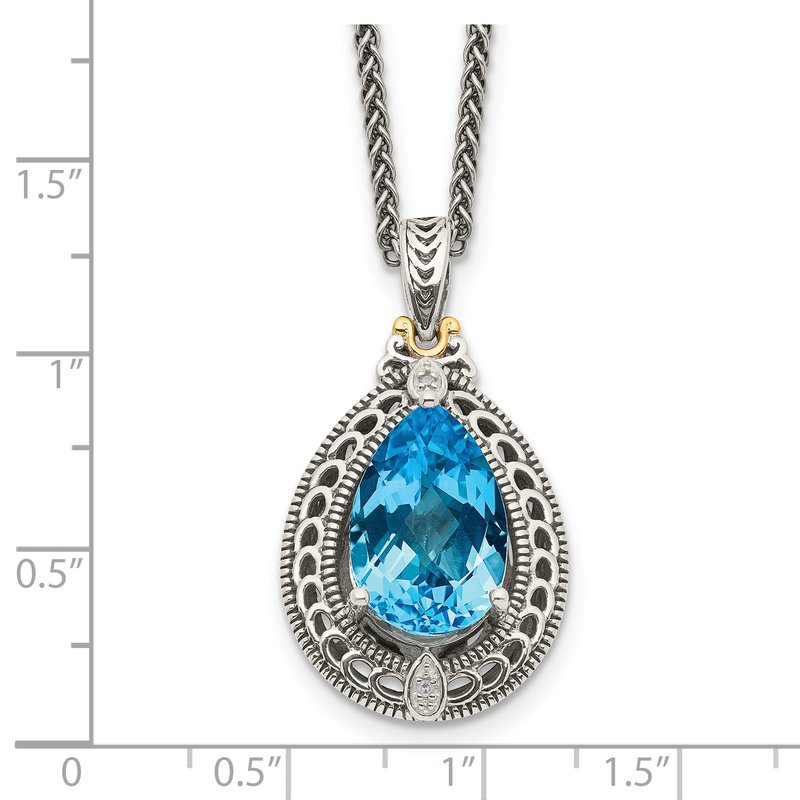 Sterling Silver with 14K Accent 18 Inch Antiqued Diamond and Pear Shaped Blue Topaz Necklace