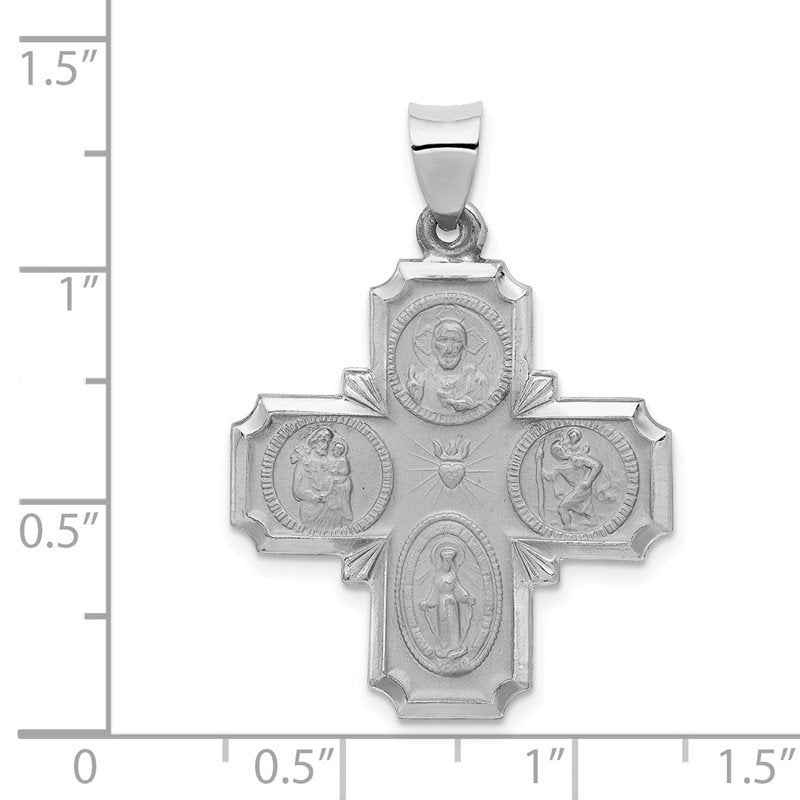14k White Gold Polished and Satin Hollow Four-Way Religious Medal Pendant
