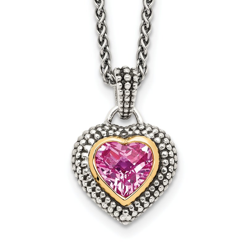 Sterling Silver with 14K Accent 18 Inch Antiqued Heart Bezel Created Pink Sapphire Necklace