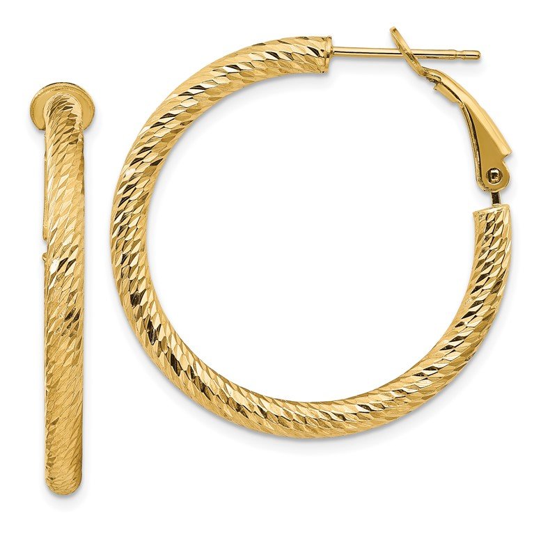 14k 3x25mm Diamond-cut Round Omega Back Hoop Earrings