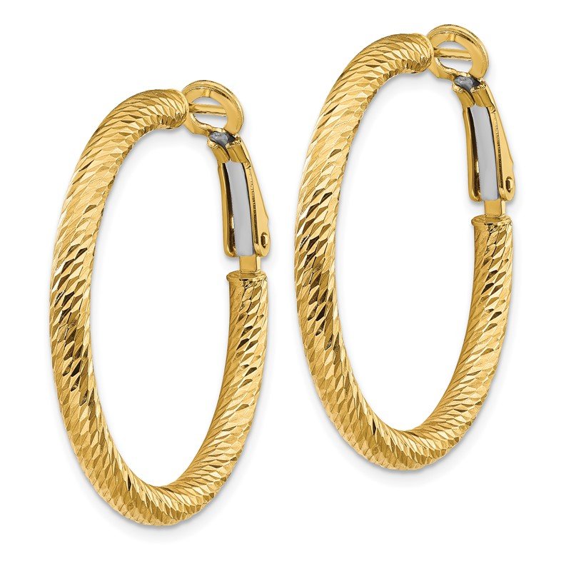 14k 3x25mm Diamond-cut Round Omega Back Hoop Earrings
