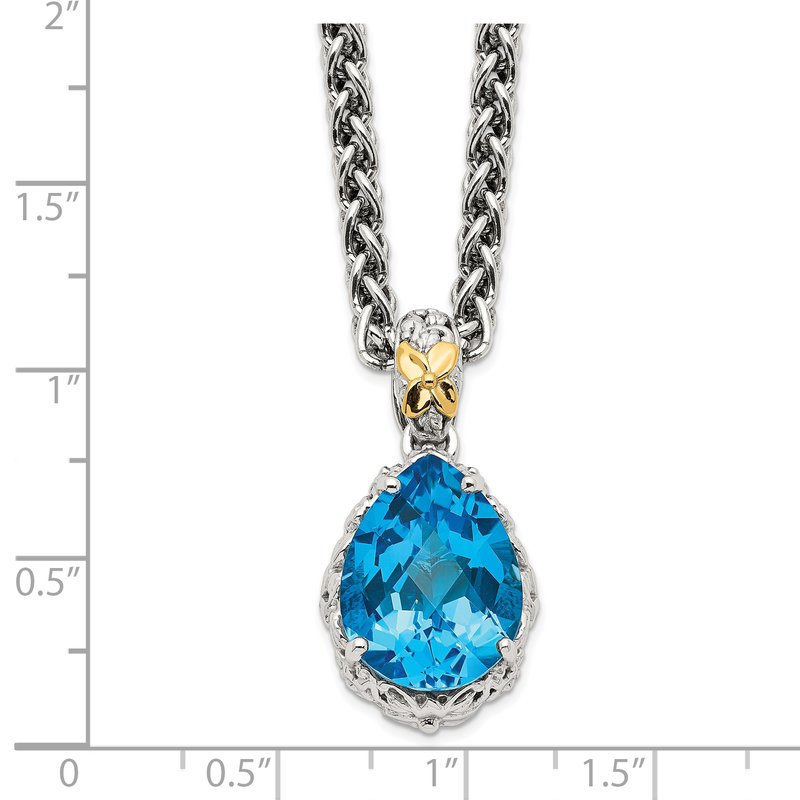 Sterling Silver Rhodium-plated with 14K Accent 18 Inch Antiqued Pear Shaped Blue Topaz Necklace