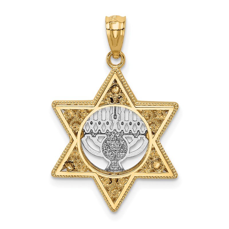 14K Two-Tone Fancy Star Of David and Menorah Pendant