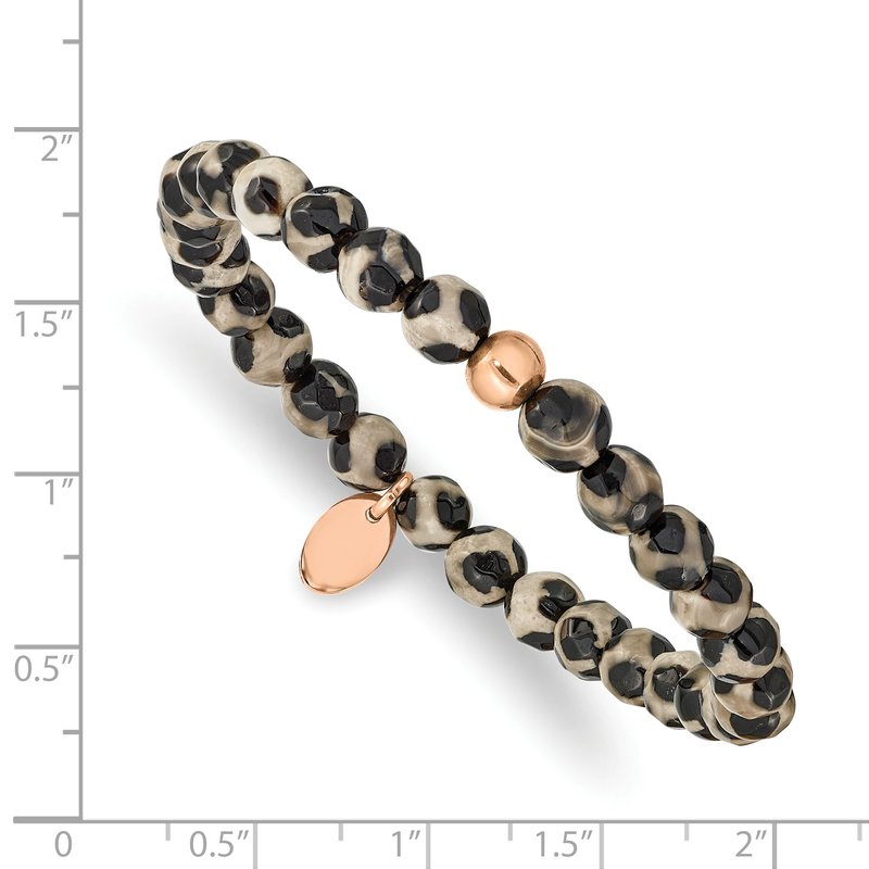Stainless Steel Polished Rose IP-plated 6mm Black and White Agate Beaded Stretch Bracelet