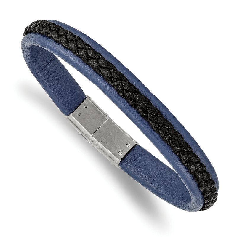 Stainless Steel Polished Blue and Black Faux Leather 8.25 inch Bracelet