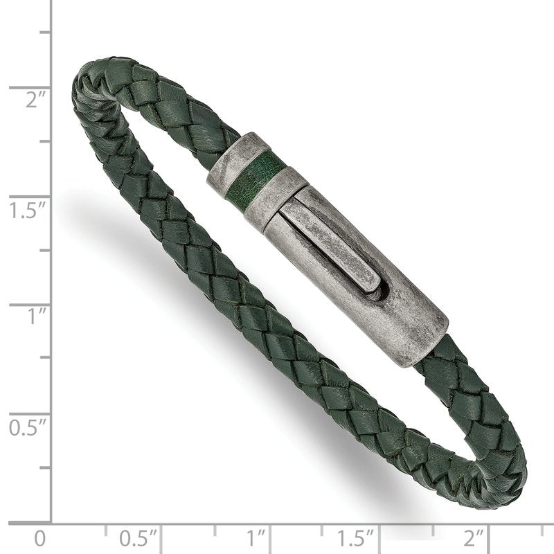 Stainless Steel Antiqued Green Braided Leather 8.25 inch Bracelet