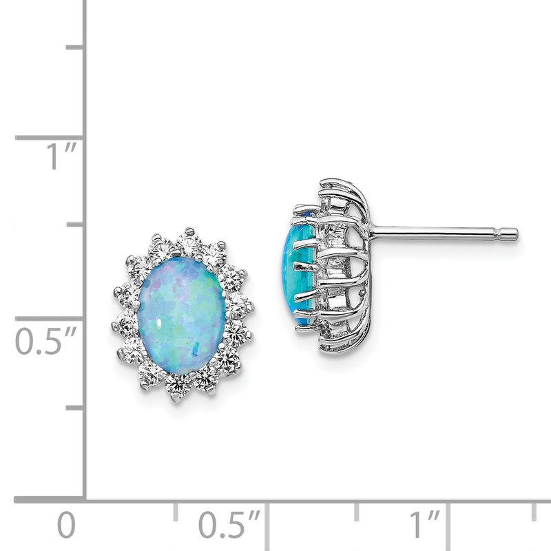 Sterling Silver Rhodium-plated Cabochon Lab Created Blue Opal and Brilliant-cut CZ Post Earrings