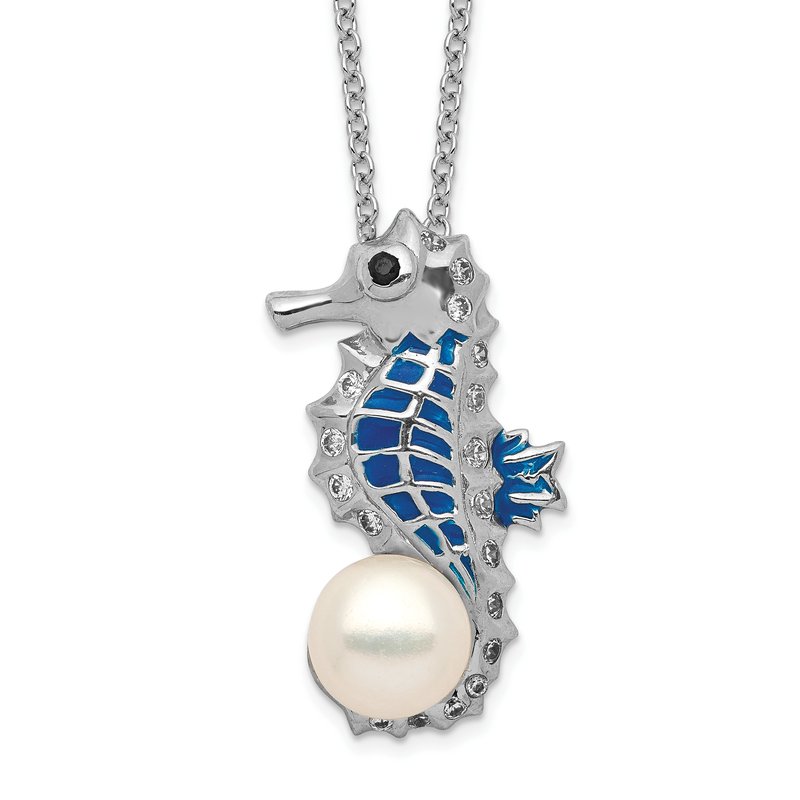 Sterling Silver Rhodium-plated Enameled Freshwater Cultured Pearl and Brilliant-cut CZ Seahorse 18 Inch Necklace