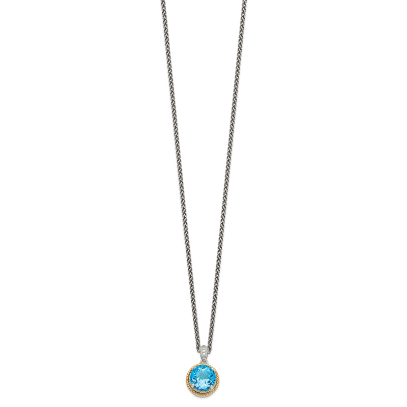 Sterling Silver with 14K Accent 18 Inch Antiqued Round Blue Topaz Necklace
