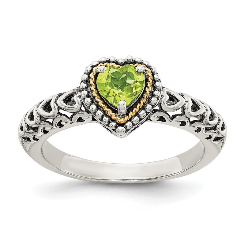 Sterling Silver with 14K Accent Antiqued Heart Peridot Ring