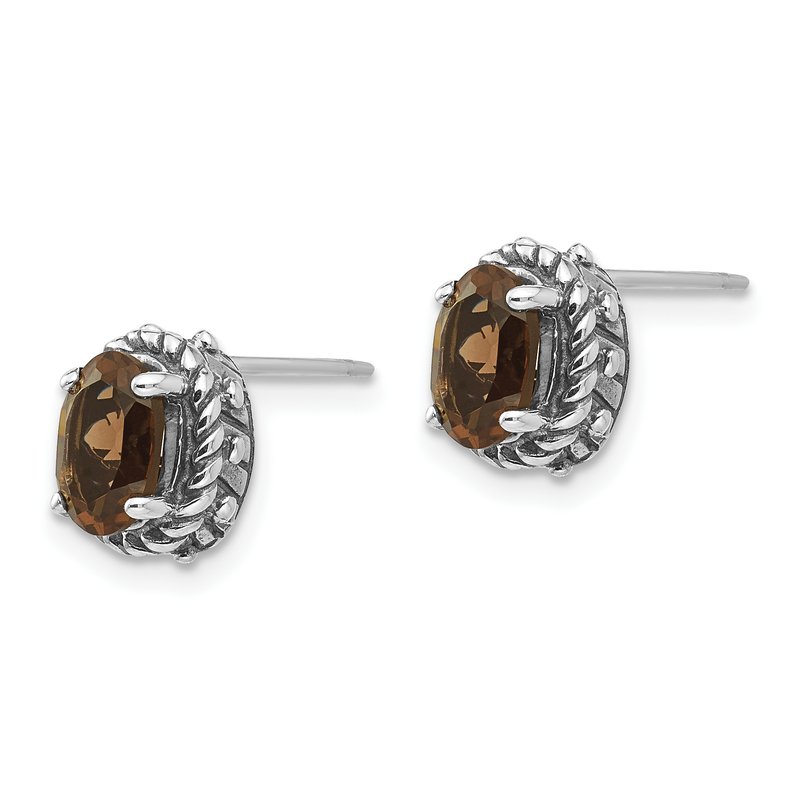 Sterling Silver Antiqued Oval Smoky Quartz Post Earrings