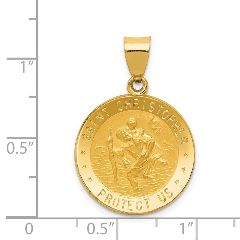 14k Polished and Satin Hollow St. Christopher Medal Round Pendant