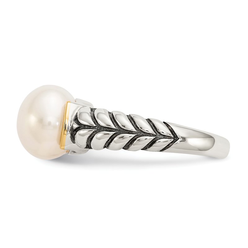 Sterling Silver with 14K Accent Antiqued 10mm Button Freshwater Cultured Pearl Ring