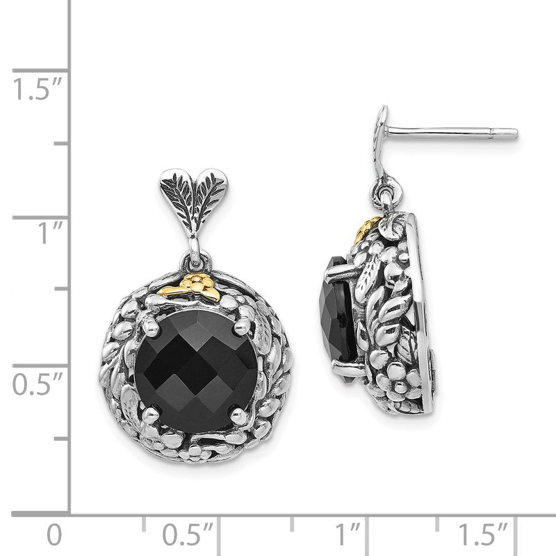 Sterling Silver with 14K Accent Antiqued Checkerboard-cut Black Onyx Post Dangle Earrings