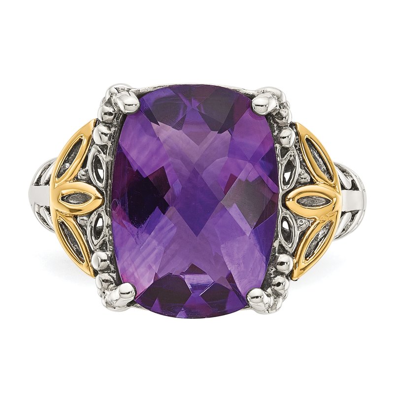 Sterling Silver with 14K Accent Antiqued Cushion Amethyst Ring