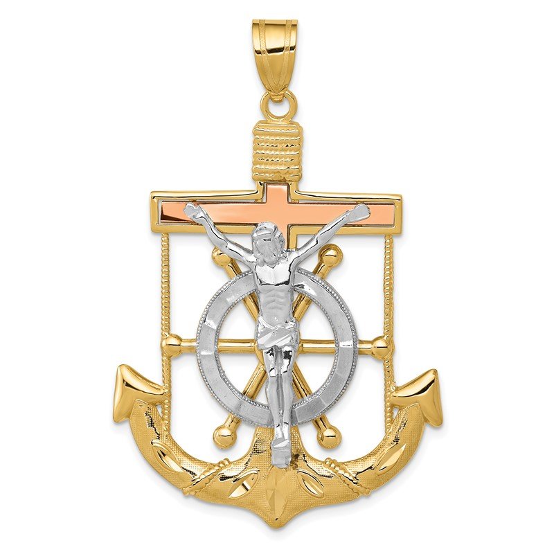14k Tri-color Diamond-cut and Textured Mariners Crucifix Pendant