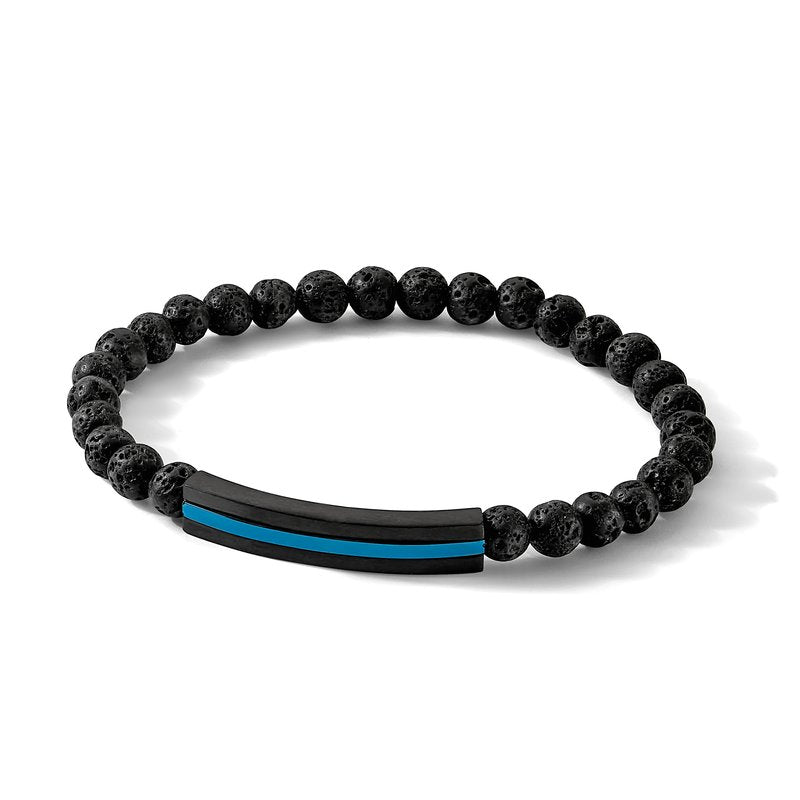 Stainless Steel Brushed and Polished Black and Blue IP-plated with 6mm Lava Stone Beaded Stretch Bracelet