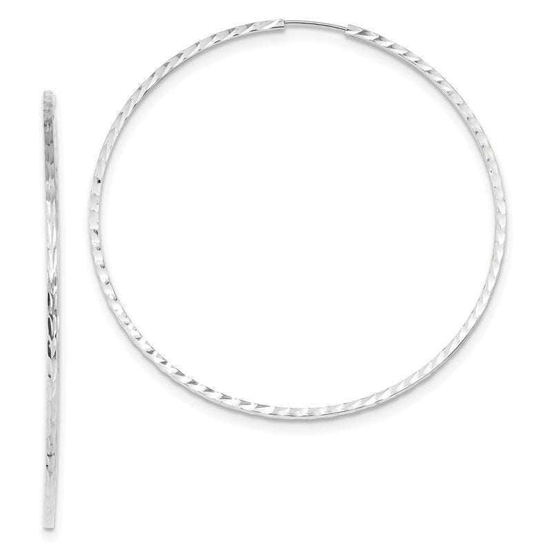 14k White Gold 1.35x60mm Diamond-cut Square-Tube Endless Hoop Earrings