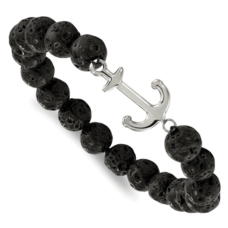 Stainless Steel Polished Anchor 10mm Black Lava Stone Stretch Bracelet