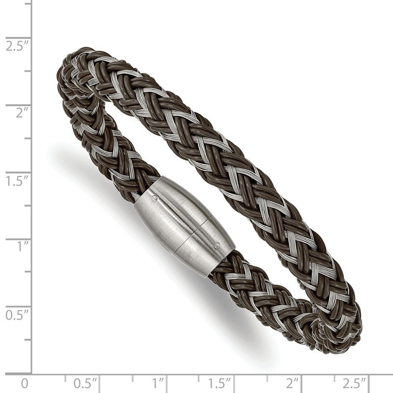 Stainless Steel Brushed Braided Wire and Brown Rubber 8.5 inch Bracelet