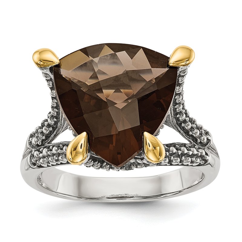 Sterling Silver with 14K Accent Antiqued Trillion Checkerboard Smoky Quartz Ring
