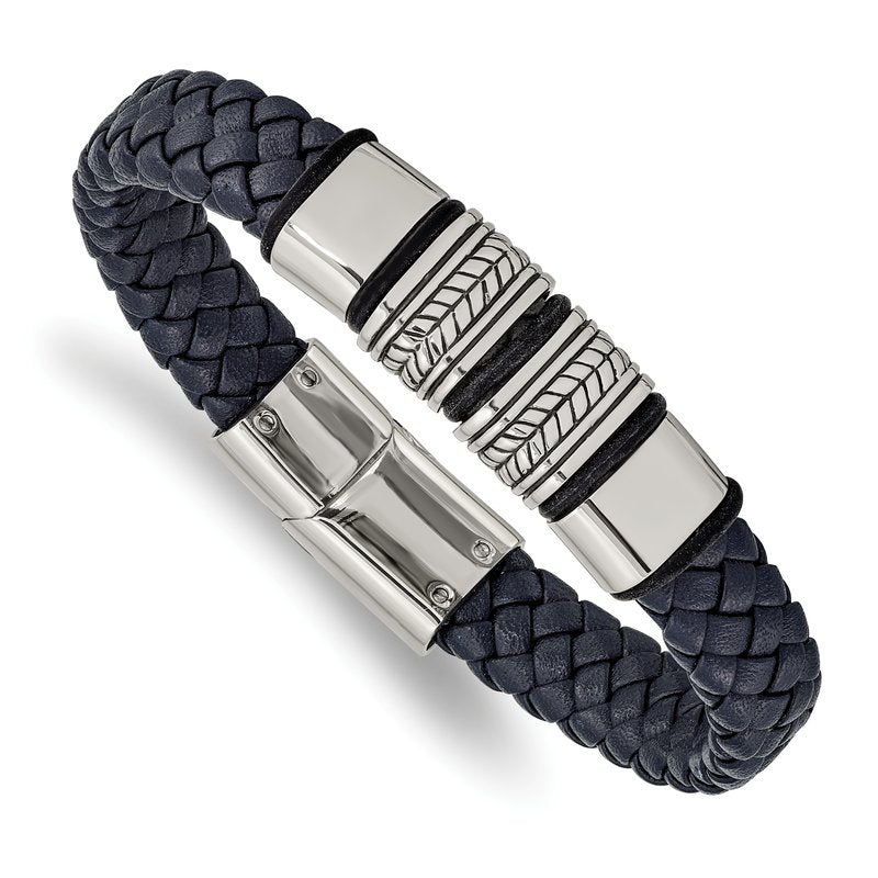 Stainless Steel Antiqued and Polished Braided Blue Leather with Black Silicone 8.25 inch Bracelet