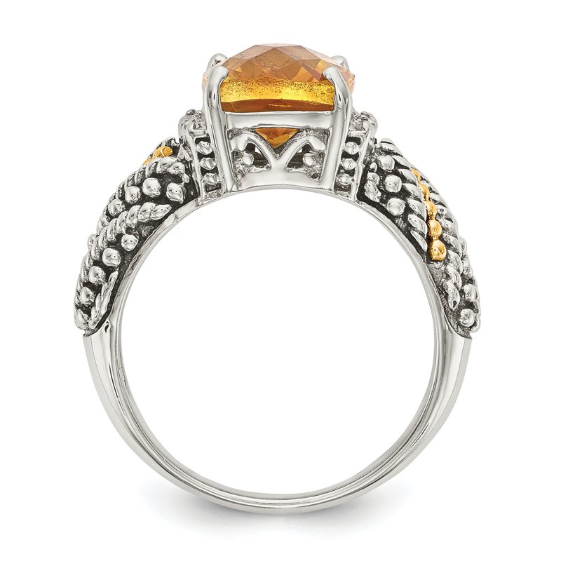 Sterling Silver with 14K Accent Antiqued Diamond and Checkerboard Cushion Citrine Ring