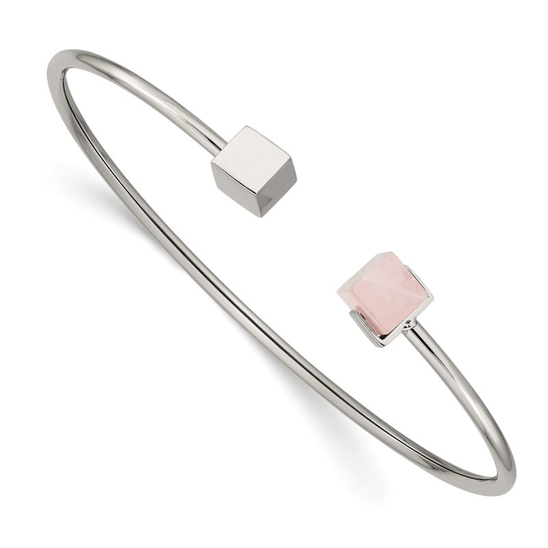 Stainless Steel Polished with Rose Quartz Flexible Cuff Bangle