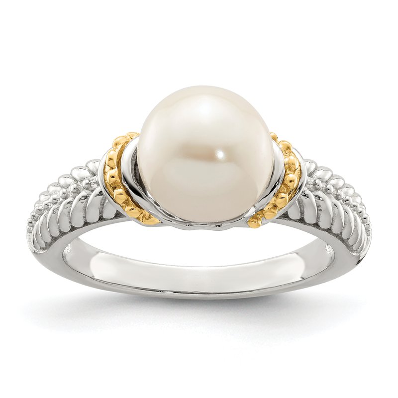 Sterling Silver Rhodium-plated with 14K Accent 8-9mm Freshwater Cultured Pearl Ring