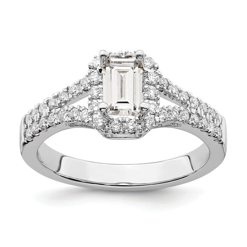14K White Gold 3/8 carat Lab Grown Diamond VS+ F+ Semi-Mount Emerald Halo Engagement Ring