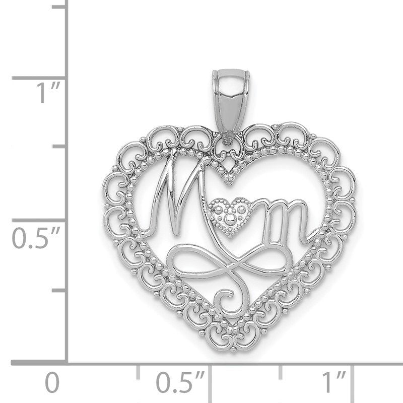 14K White Gold Polished MOM Scalloped Heart Pendant