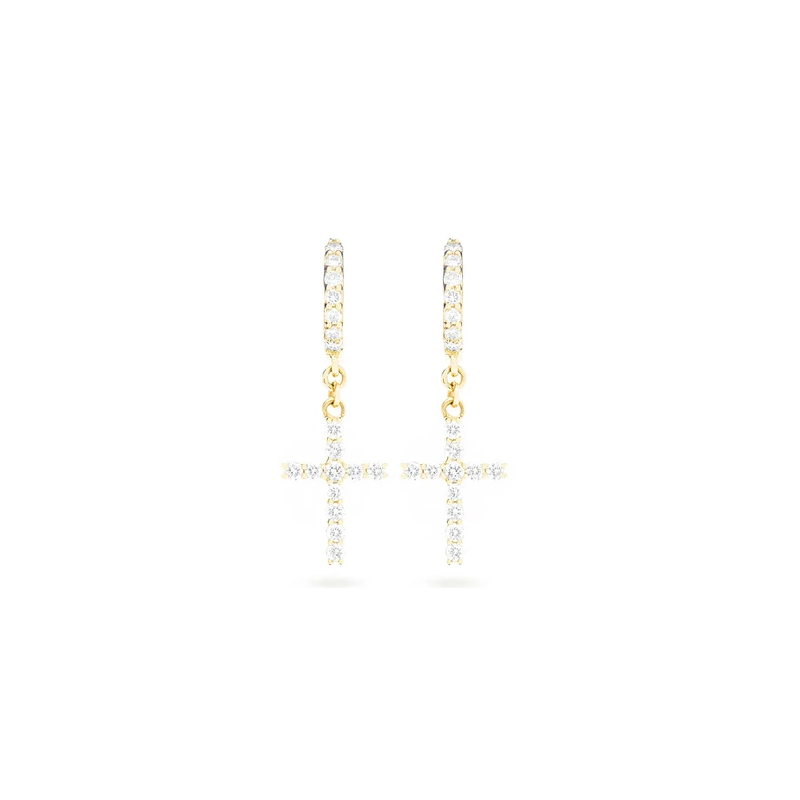 Small Dangling Cross Huggie Hoop Earrings 14K