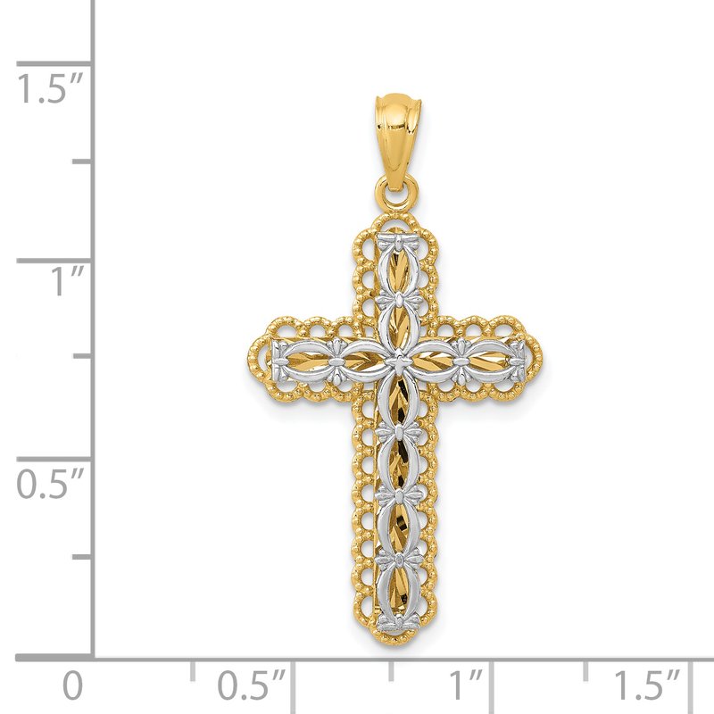 14K Two-tone Polished 2-Level Filigree Cross Pendant