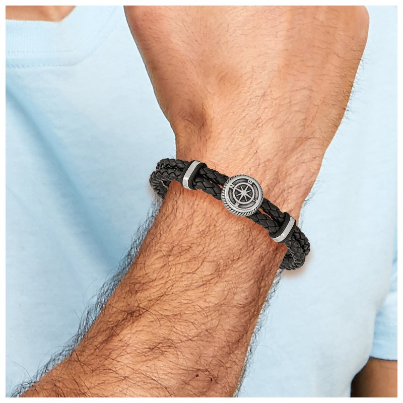 Stainless Steel Antiqued and Polished Compass Braided Black Leather 8 inch Bracelet