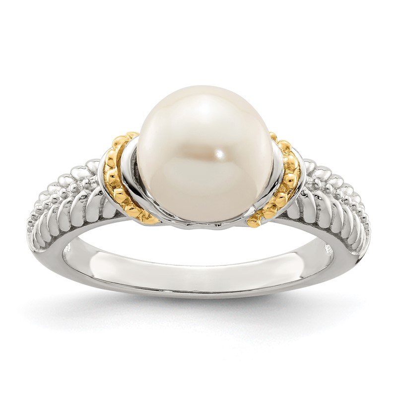 Sterling Silver Rhodium-plated with 14K Accent 8-9mm Freshwater Cultured Pearl Ring