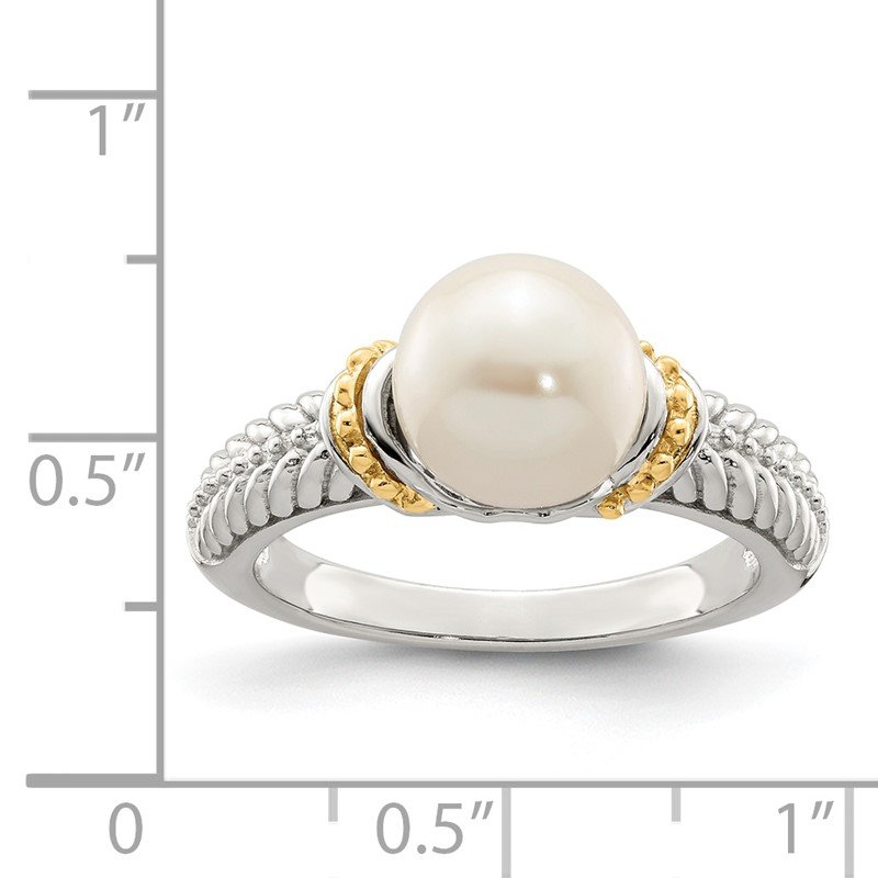 Sterling Silver Rhodium-plated with 14K Accent 8-9mm Freshwater Cultured Pearl Ring