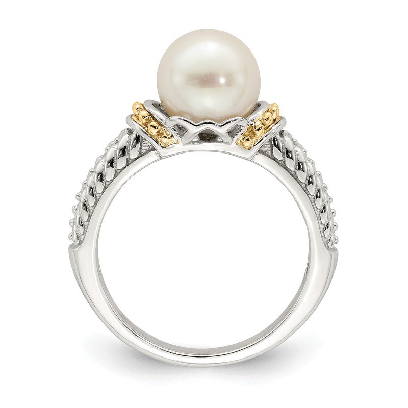 Sterling Silver Rhodium-plated with 14K Accent 8-9mm Freshwater Cultured Pearl Ring