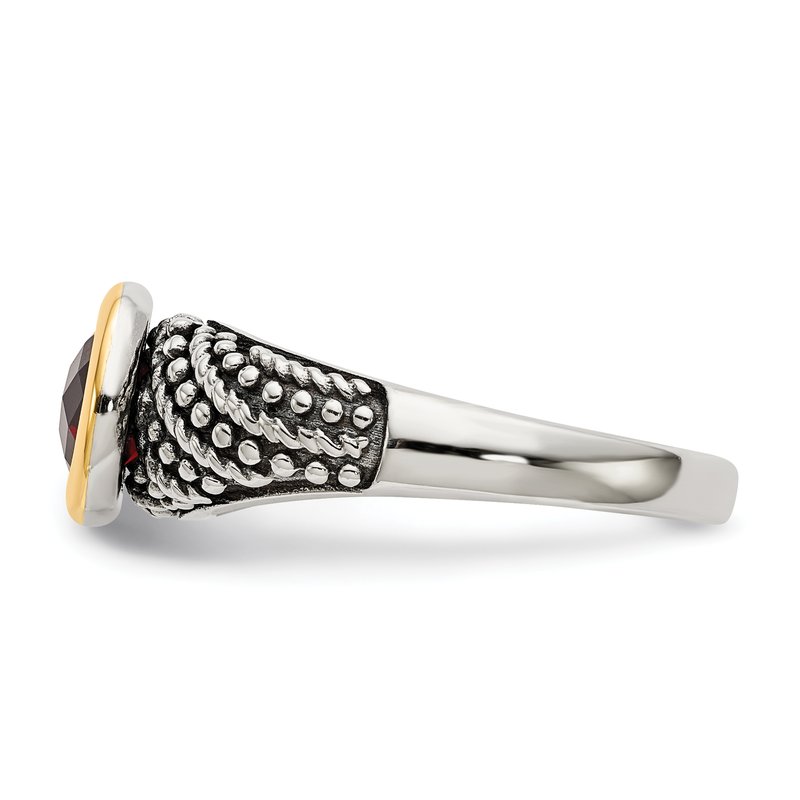 Sterling Silver with 14K Accent Antiqued Round Bezel Garnet Ring