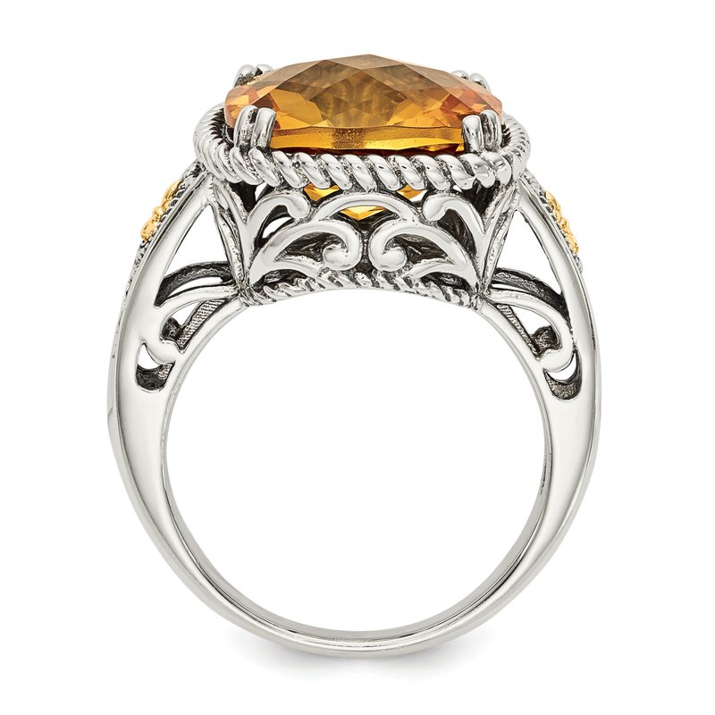 Sterling Silver with 14K Accent Antiqued Cushion Citrine Ring