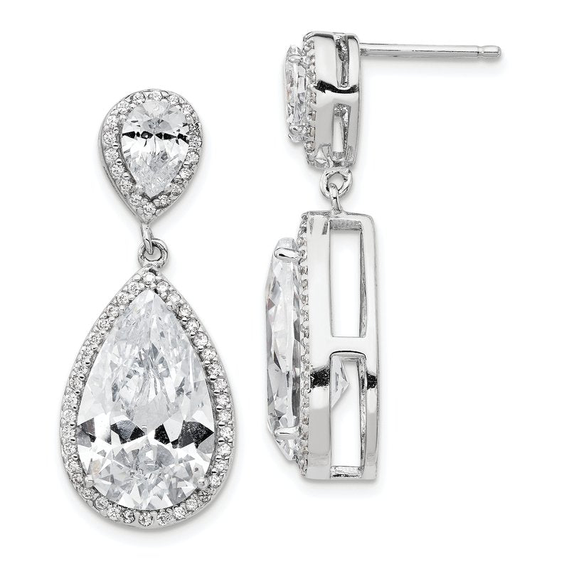 Sterling Silver Rhodium-plated Fancy Brilliant-cut Pear Shaped CZ Post Dangle Earrings