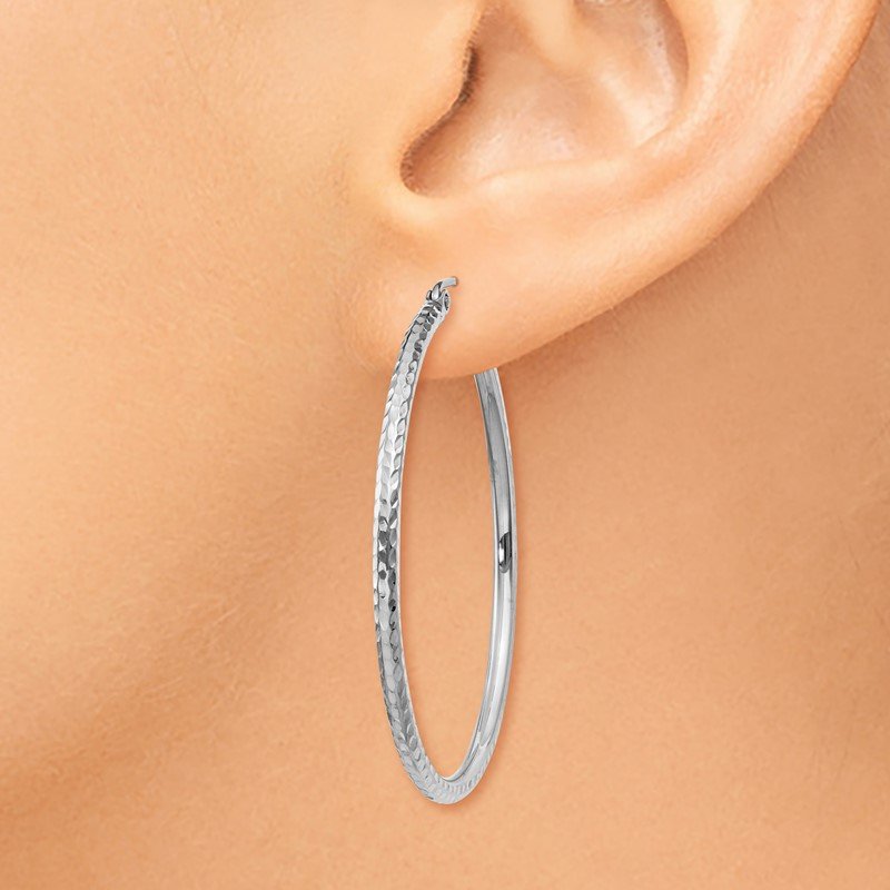 14k White Gold 2x40mm Diamond-cut Round Tube Hoop Earrings