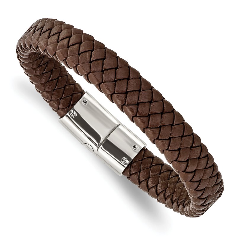 Stainless Steel Polished Brown Braided Leather 8.5 inch Bracelet