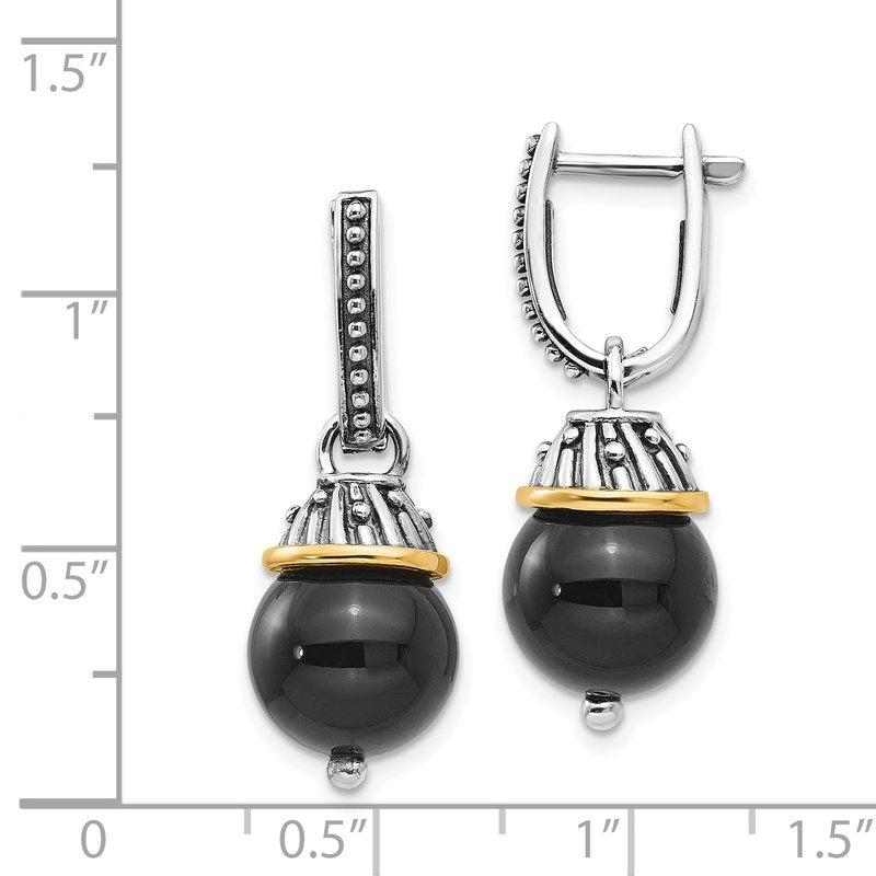 Sterling Silver with 14K Accent Antiqued Black Onyx Hinged Hoop Dangle Earrings