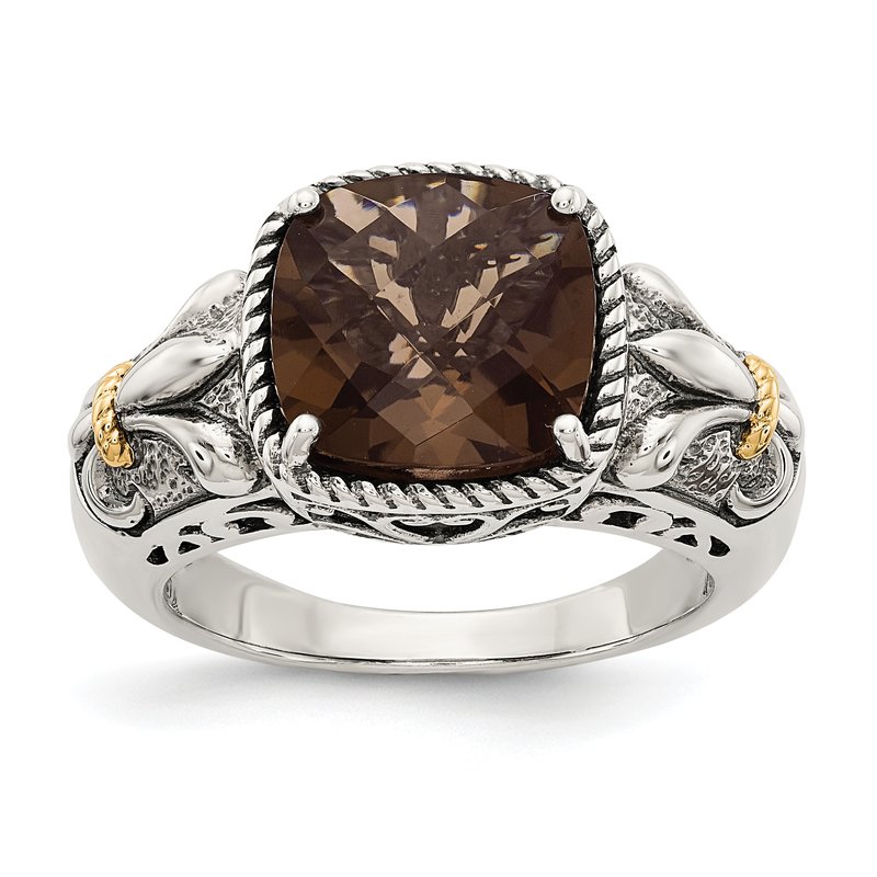 Sterling Silver with 14K Accent Antiqued Cushion Smoky Quartz Ring