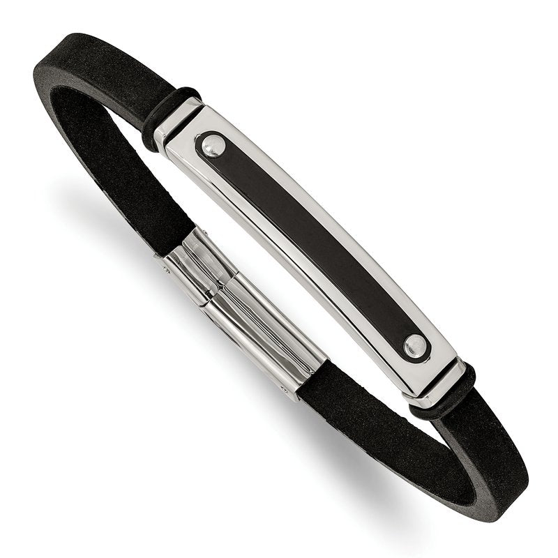 Stainless Steel Polished Black IP-plated Black Rubber 8.25 inch Bracelet