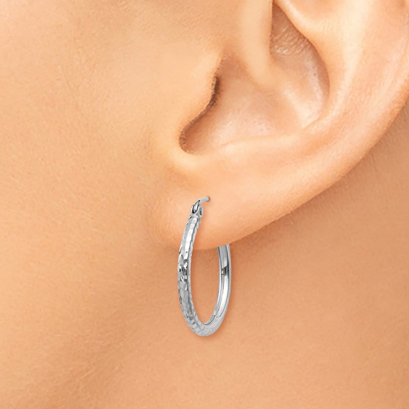 14k White Gold 2x20mm Diamond-cut Round Tube Hoop Earrings
