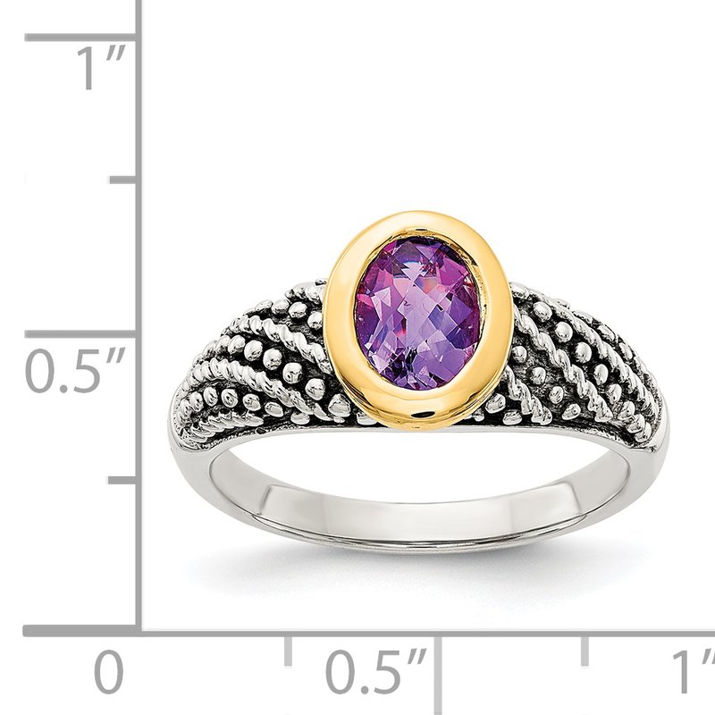 Sterling Silver with 14K Accent Antiqued Oval Bezel Amethyst Ring