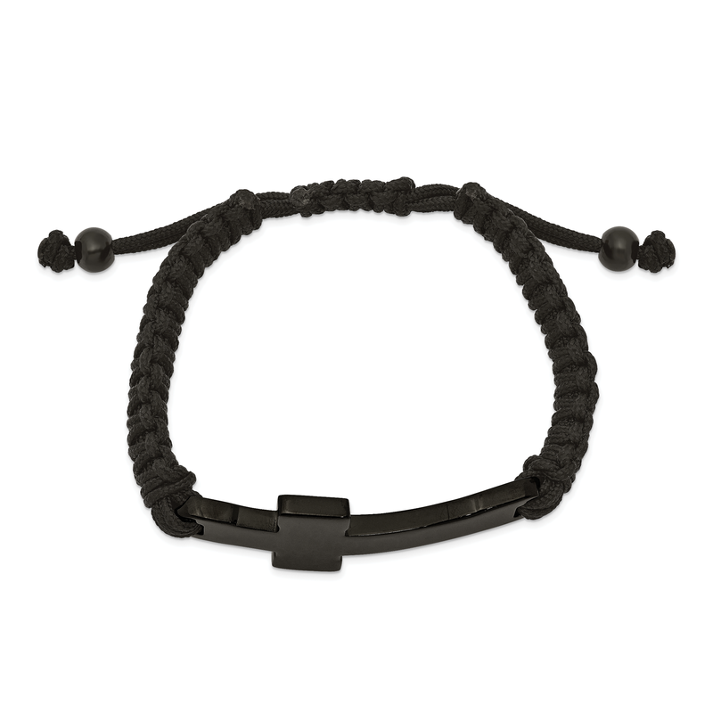 Stainless Steel Polished Black IP-plated Cross Black Nylon Adjustable Bracelet