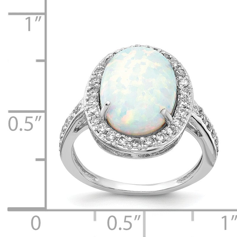 Sterling Silver Rhodium-plated Cabochon Lab Created Opal and Brilliant-cut CZ Oval Halo Ring
